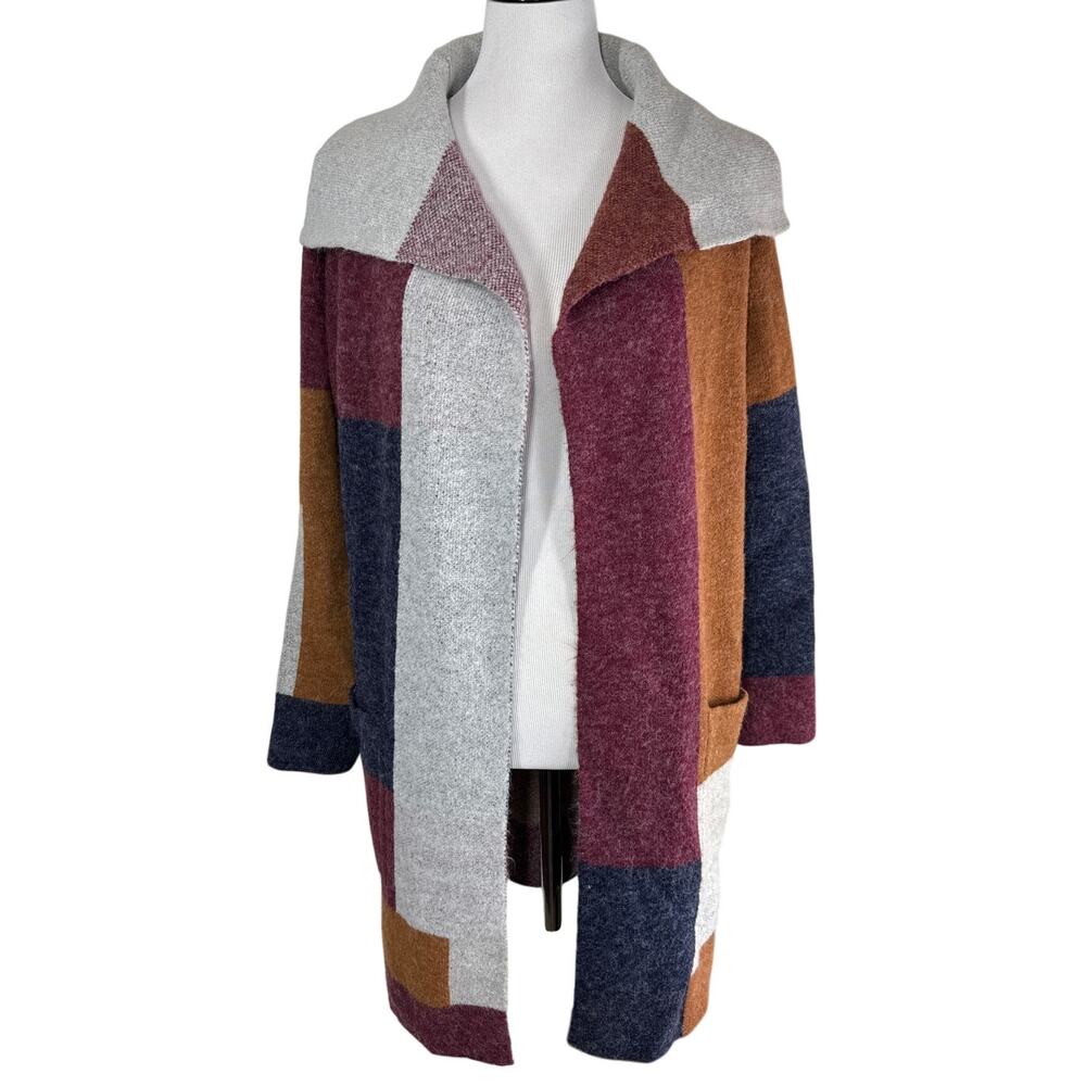 MAXSPORT Women's Open Front Color Block Cardigan, Duster Length, Medium
